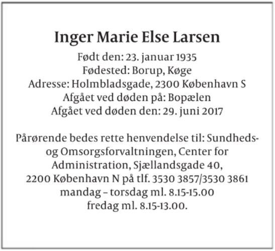 Ddsannoncen for Inger Marie Else Larsen
